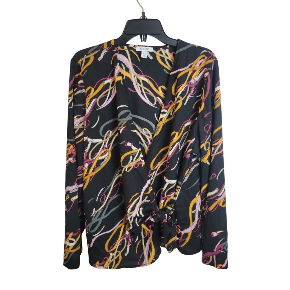 Nine West Long Sleeve Wrap Top Womens 2XL Black Belts Print Surplice‎ V-Neck